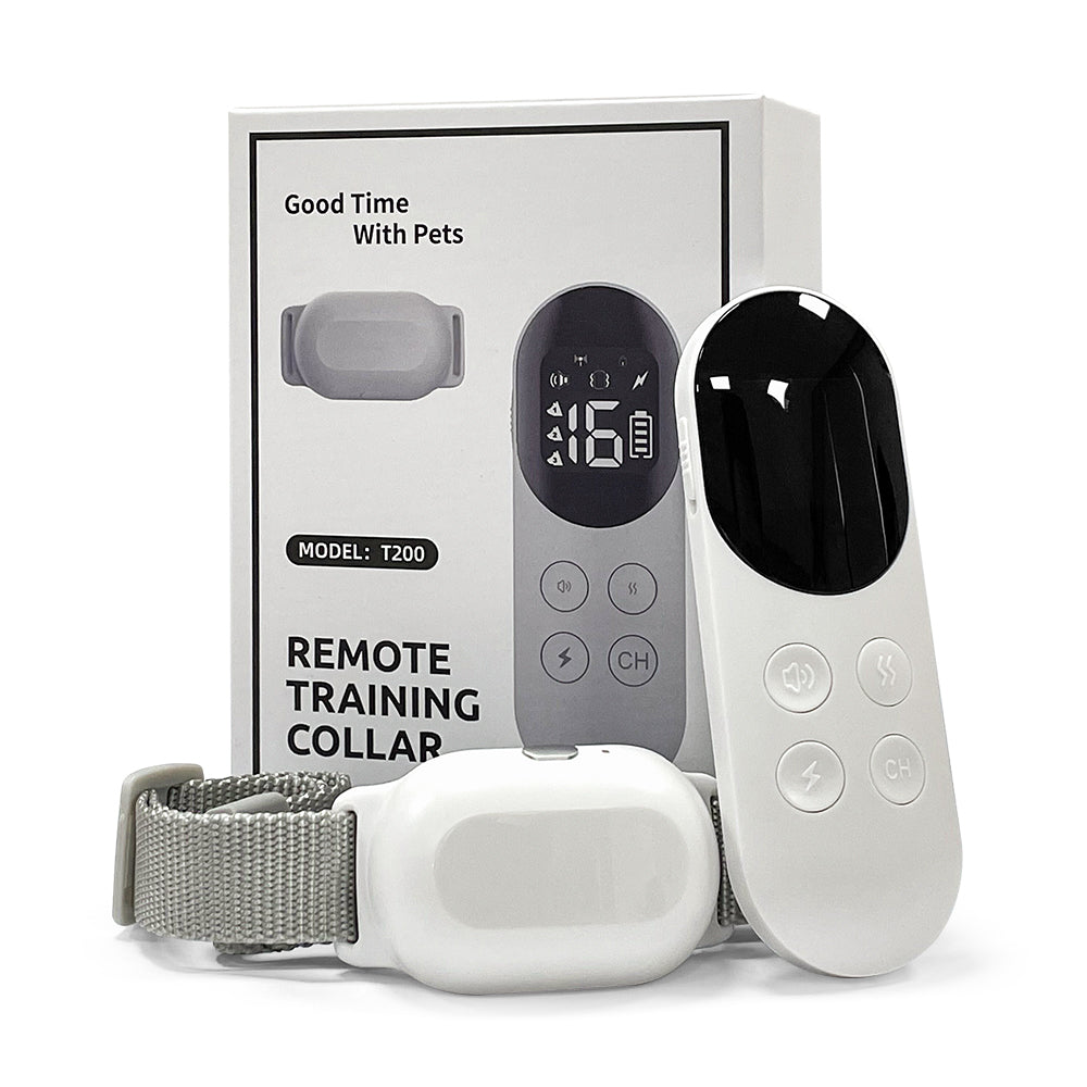 T200 Remote Training Collar with waterproof adjustable dog collar and remote control in white and gray for effective bark training