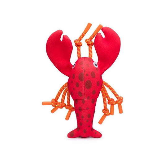 red lobster-shaped dog toy with rope claws and tail Fabdog Lobster Floatie dog toy