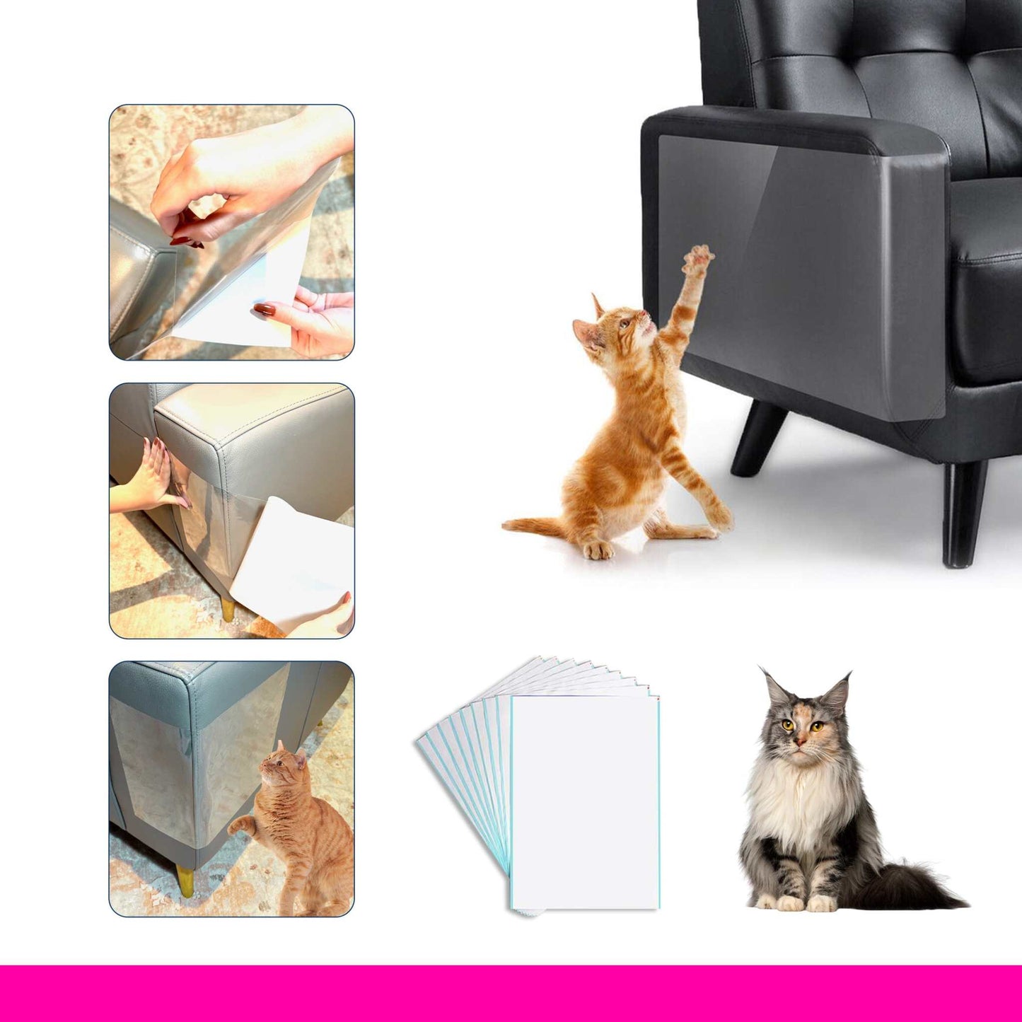 Cat scratch deterrent transparent tape applied on furniture protecting it from cat claws with cats nearby and clear adhesive sheets shown