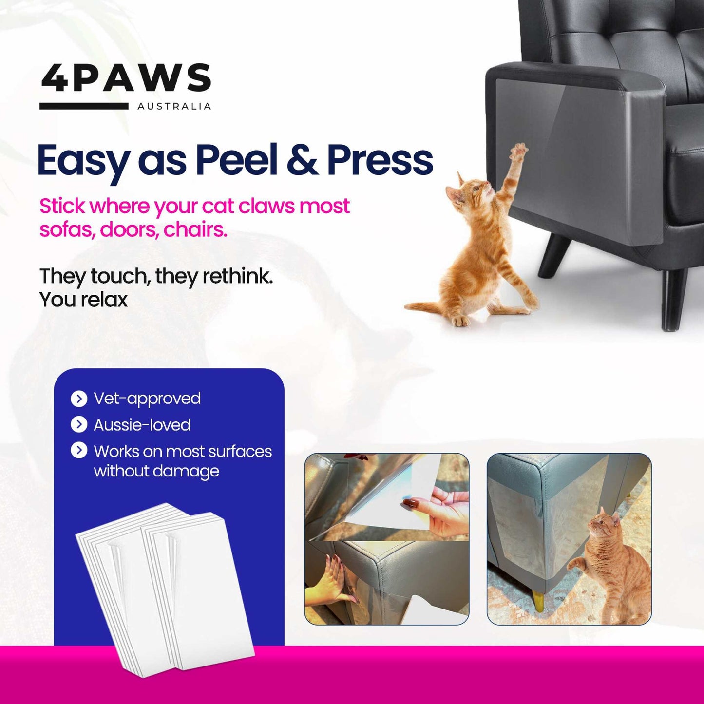 Transparent cat scratch deterrent tape applied on furniture to protect sofas and chairs from cat claws