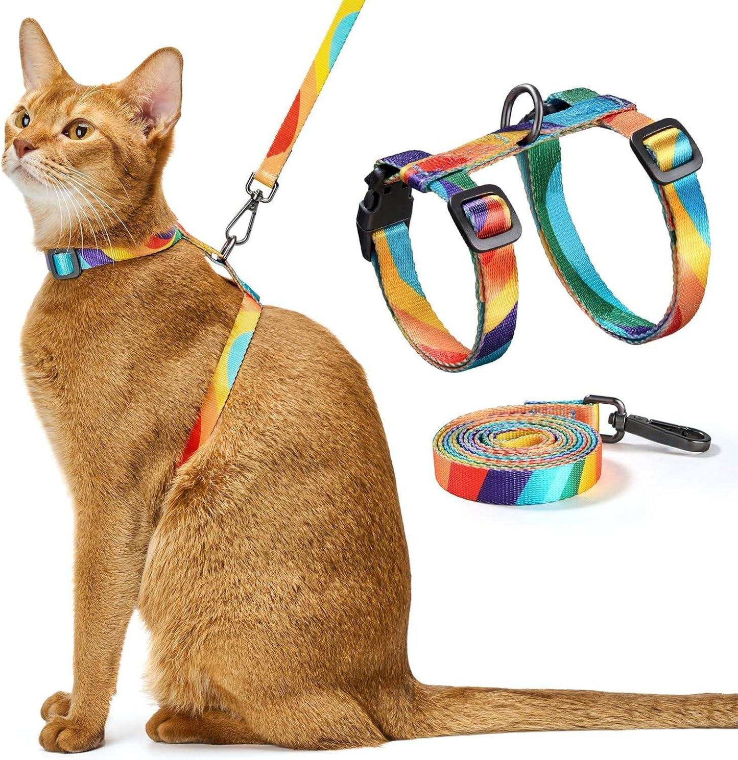 Cat wearing colorful adjustable harness and leash set with 360-degree swivel clasp for tangle-free outdoor walking