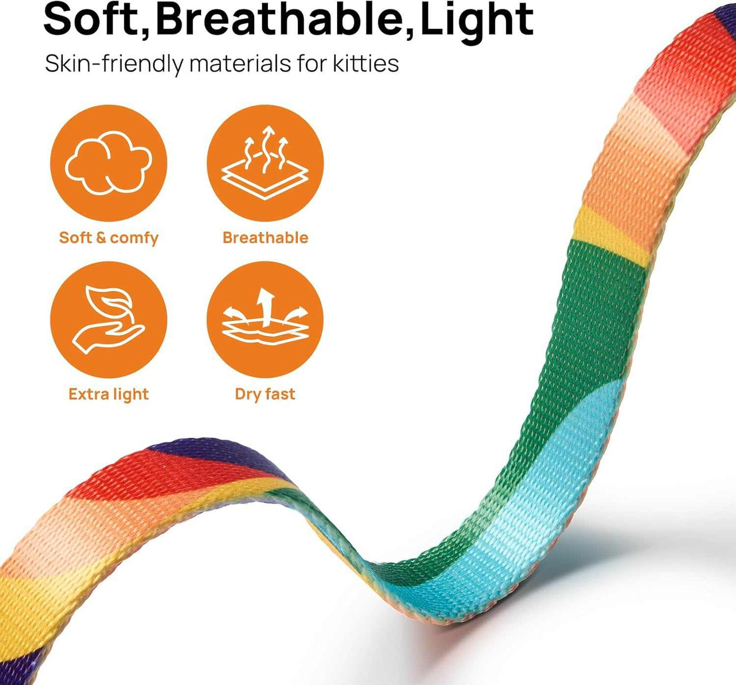 Soft breathable rainbow-colored cat harness and leash set strap for outdoor use
