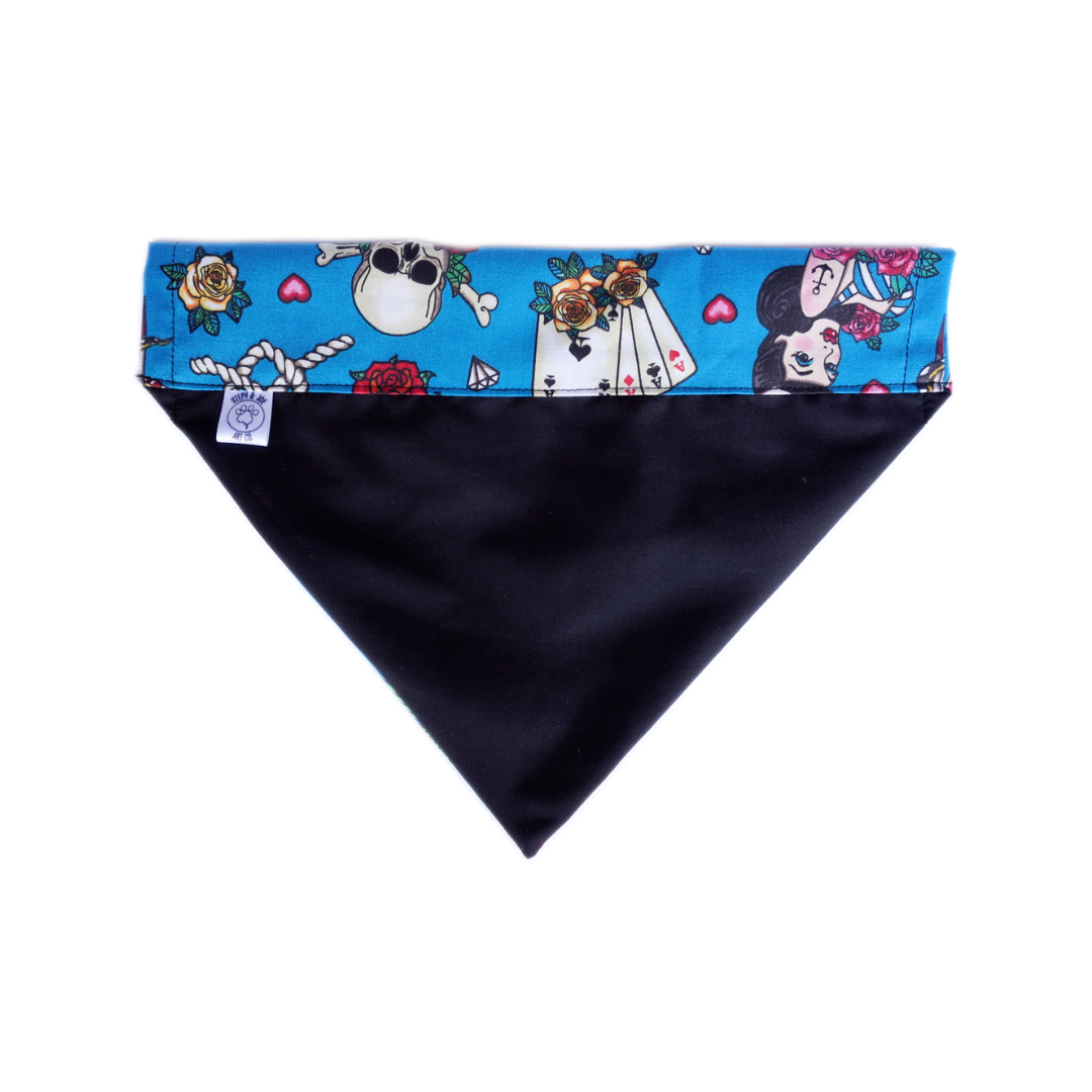 Blue Carpe Diem dog bandana with skull and rose design, 100% cotton, easy loop collar attachment
