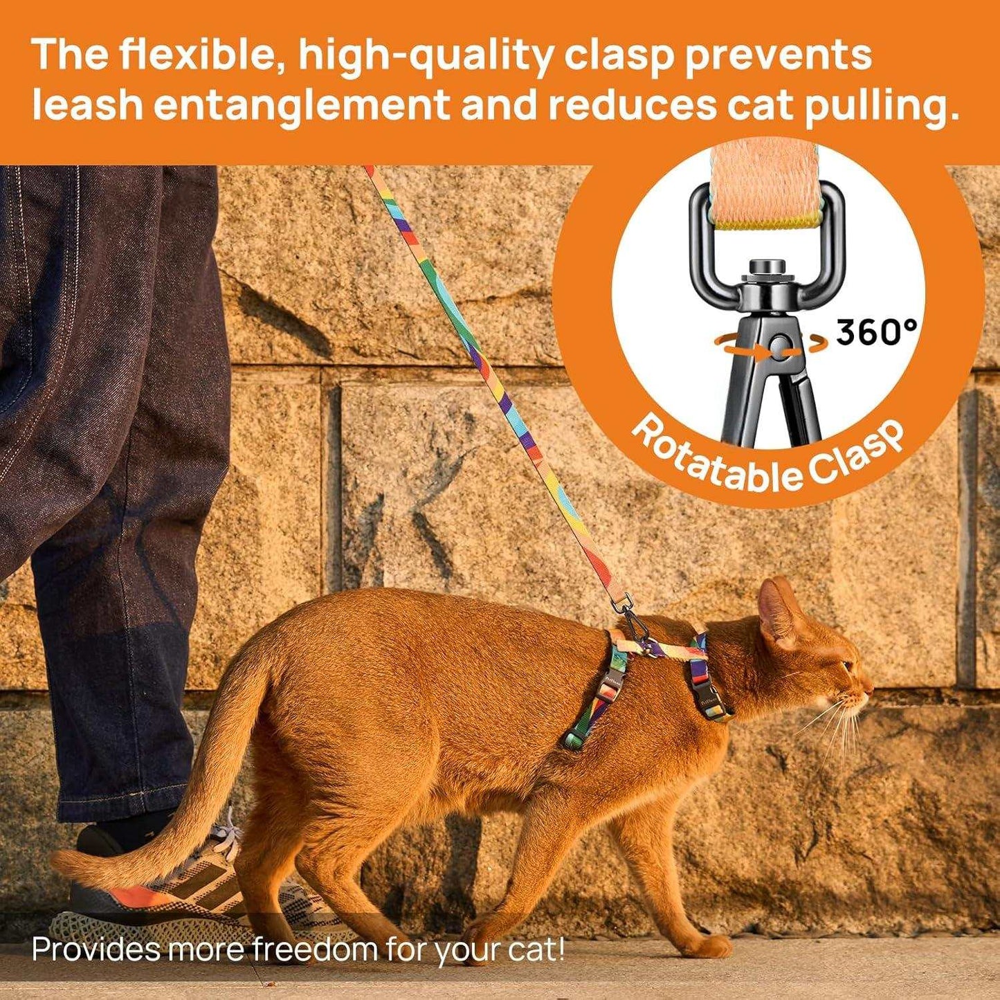 Cat wearing colorful adjustable harness and leash with 360-degree rotatable clasp preventing tangles during outdoor walk