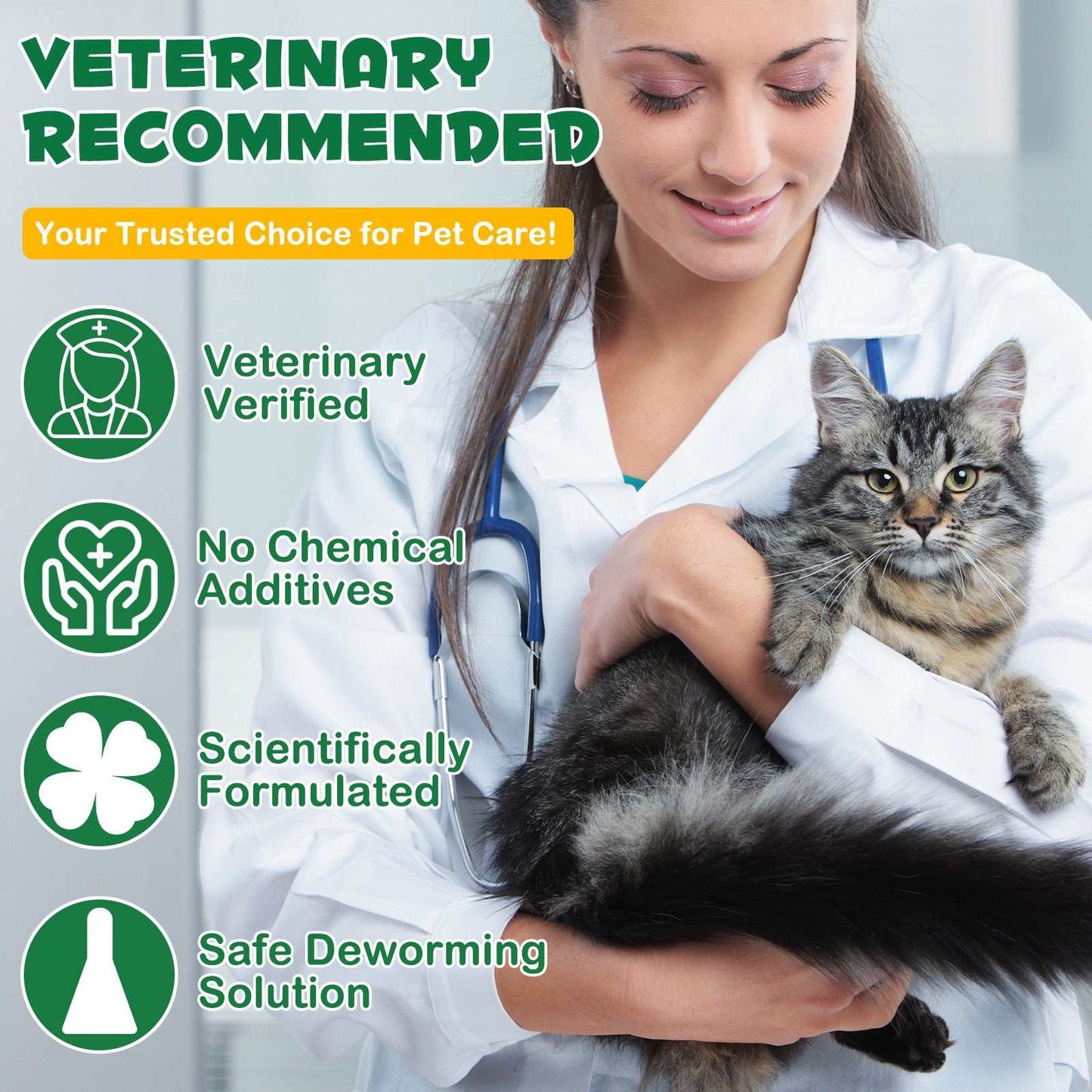 Veterinarian holding cat promoting Oimmal flea and tick treatment for cats over 8 weeks, safe and chemical-free solution