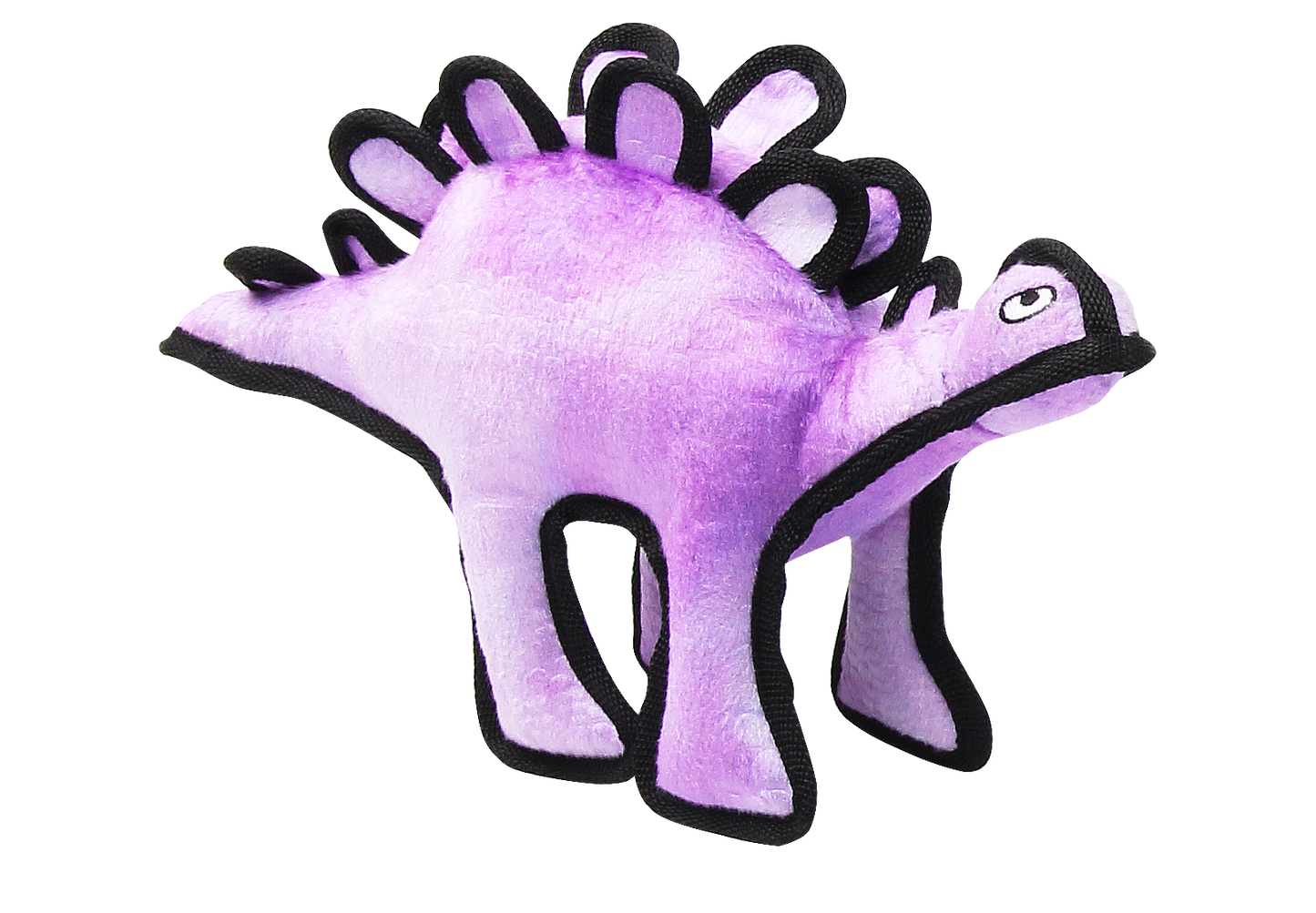 Purple plush Stegosaurus dog toy with durable black trim, embroidered eyes, and squeaker, designed for tough play by Pawise.