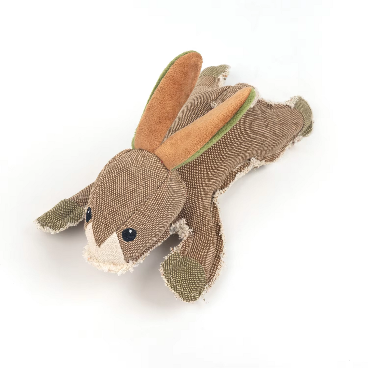 durable chew-resistant tough dog toy shaped like a rabbit with embroidered eyes
