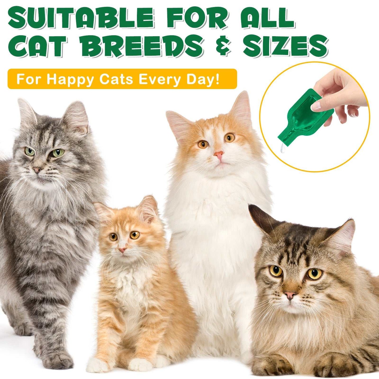 Oimmal flea and tick treatment for cats over 8 weeks old and 680g, suitable for all cat breeds and sizes, showing multiple cats and application dropper.