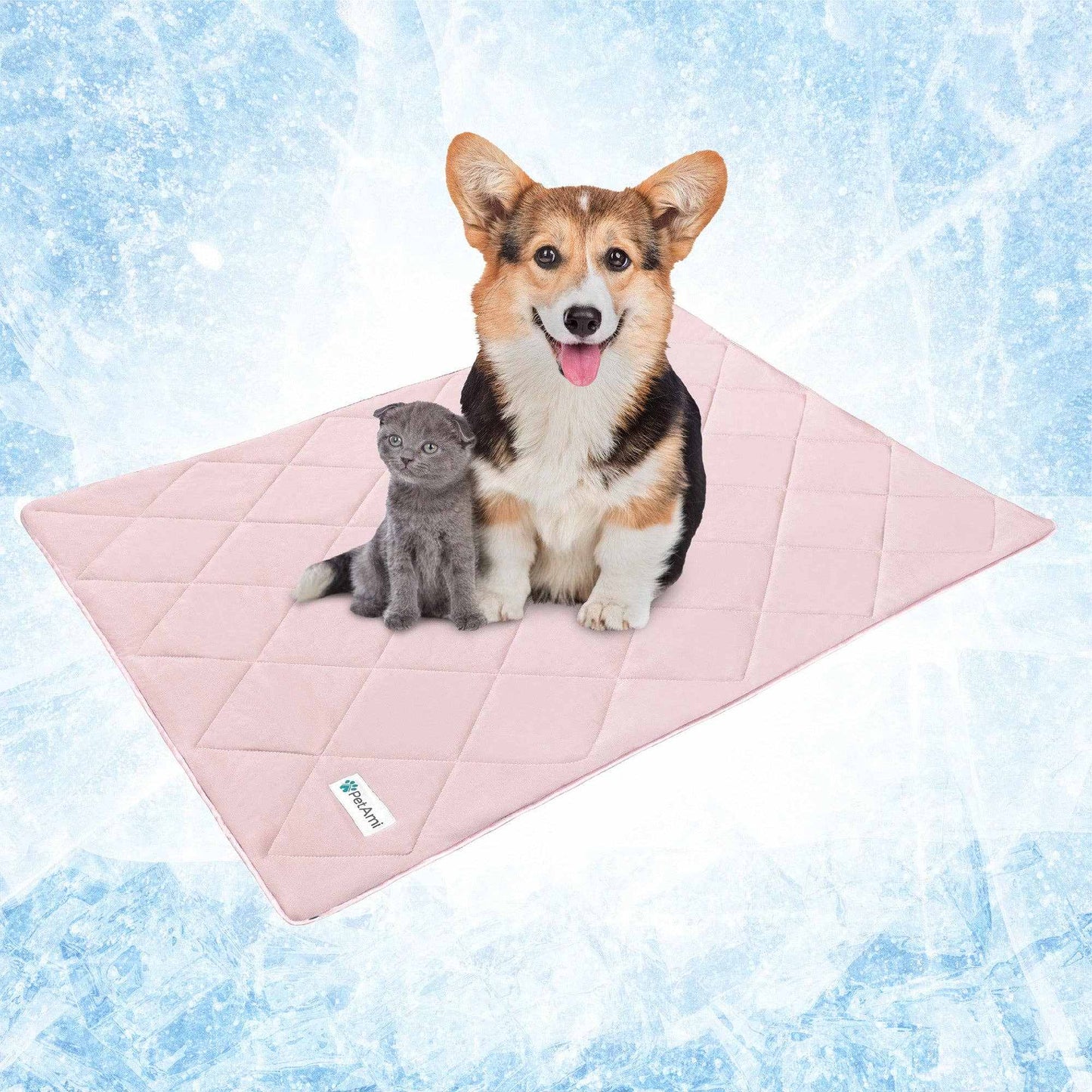 Cooling pet dog blanket with soft quilted fabric featuring a happy dog and cat on a light pink mat