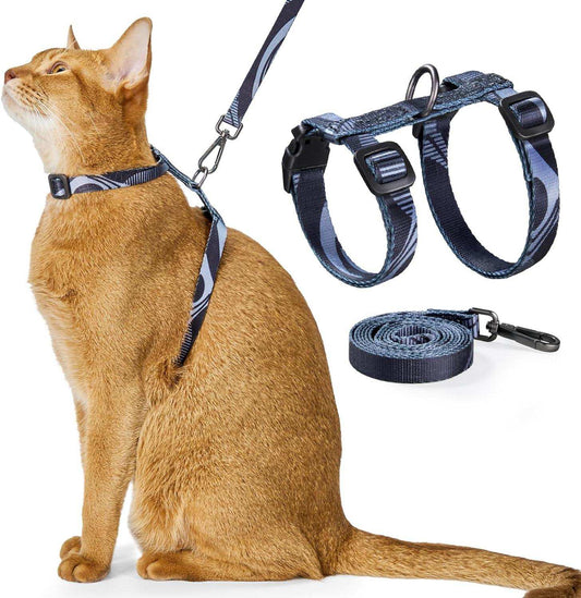 Cat wearing adjustable blue cat harness and leash set with 360-degree swivel clasp for tangle-free outdoor walks