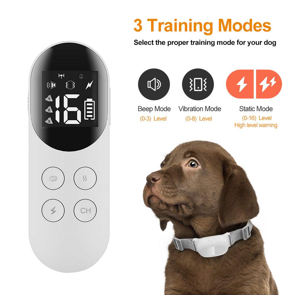 T200 Remote Training Collar with 3 adjustable modes and remote control shown on brown puppy