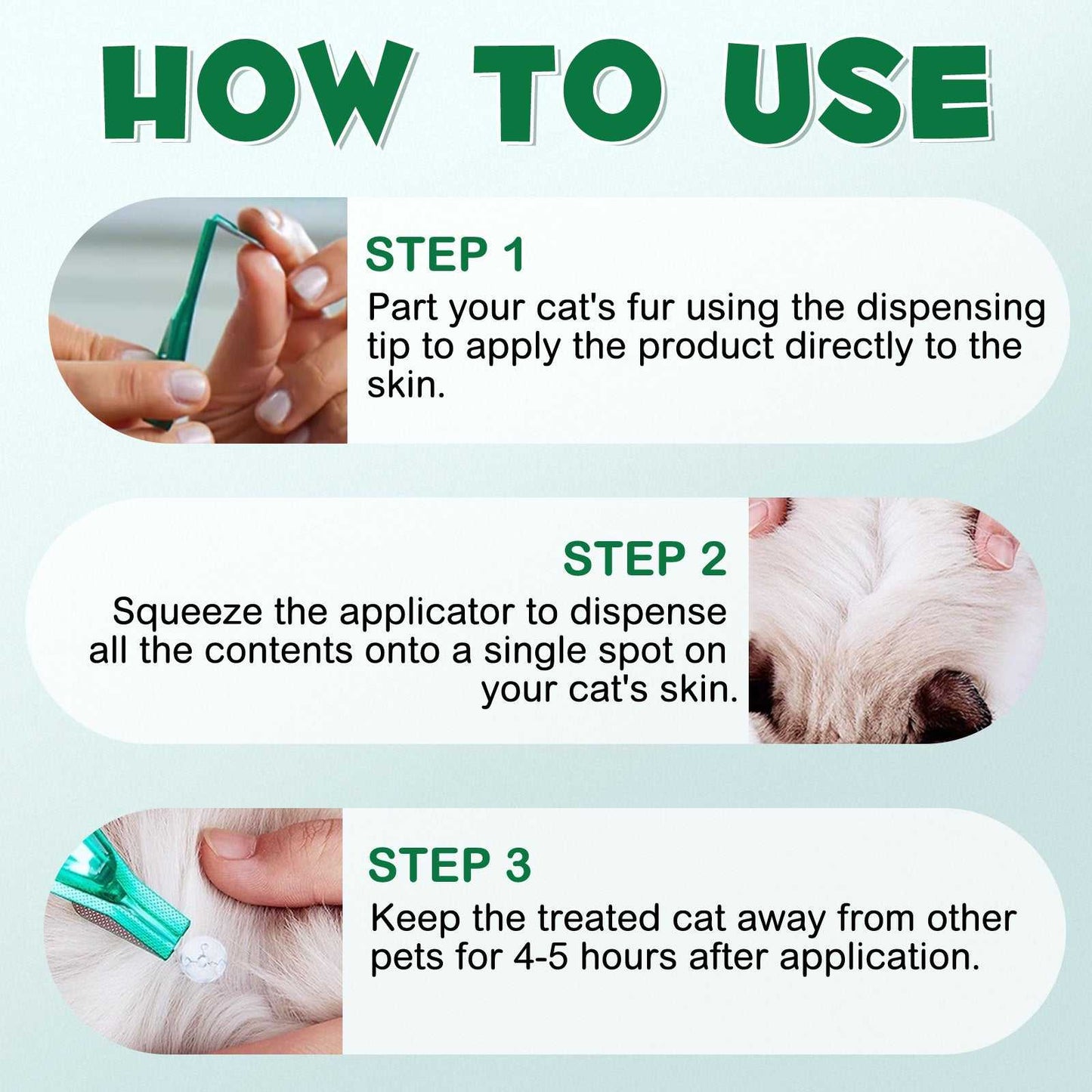 Instructions for applying Oimmal flea and tick treatment on cats over 8 weeks or 680g