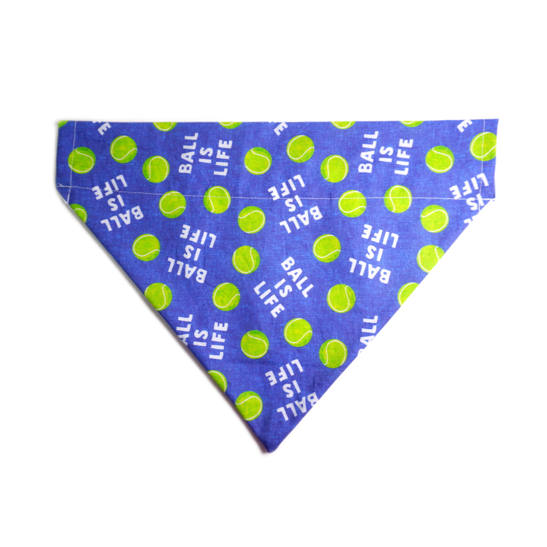 Dog Bandana - Ball is Life with tennis ball design, 100% cotton, signature logo patch.