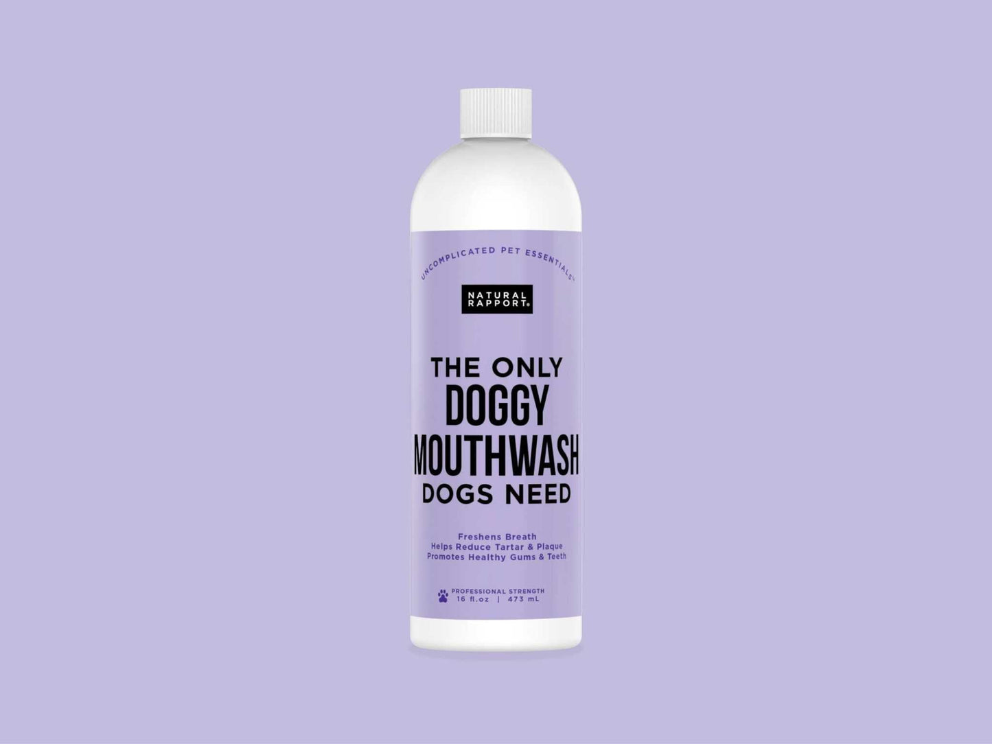 Bottle of Natural Rapport Doggy Mouthwash Dogs for fresh breath and healthy teeth