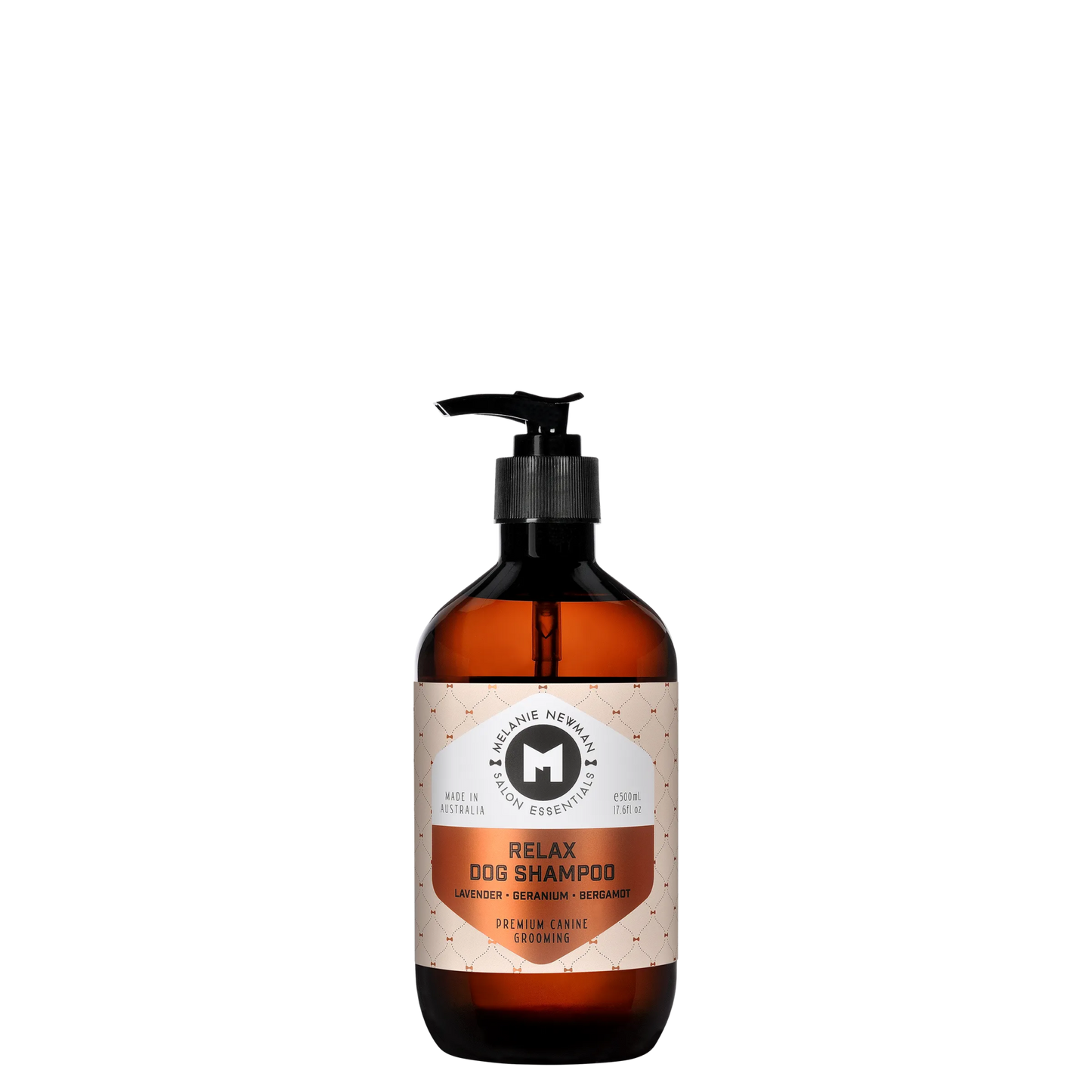 Melanie Newman Relax Dog Shampoo bottle with lavender, geranium, bergamot for gentle, hydrating, calming pet care