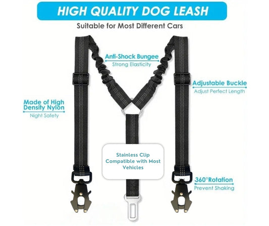 Double Dog Seatbelt with adjustable Y-shape design, reflective stitching, and elastic bungee for safe and comfortable pet travel in vehicles