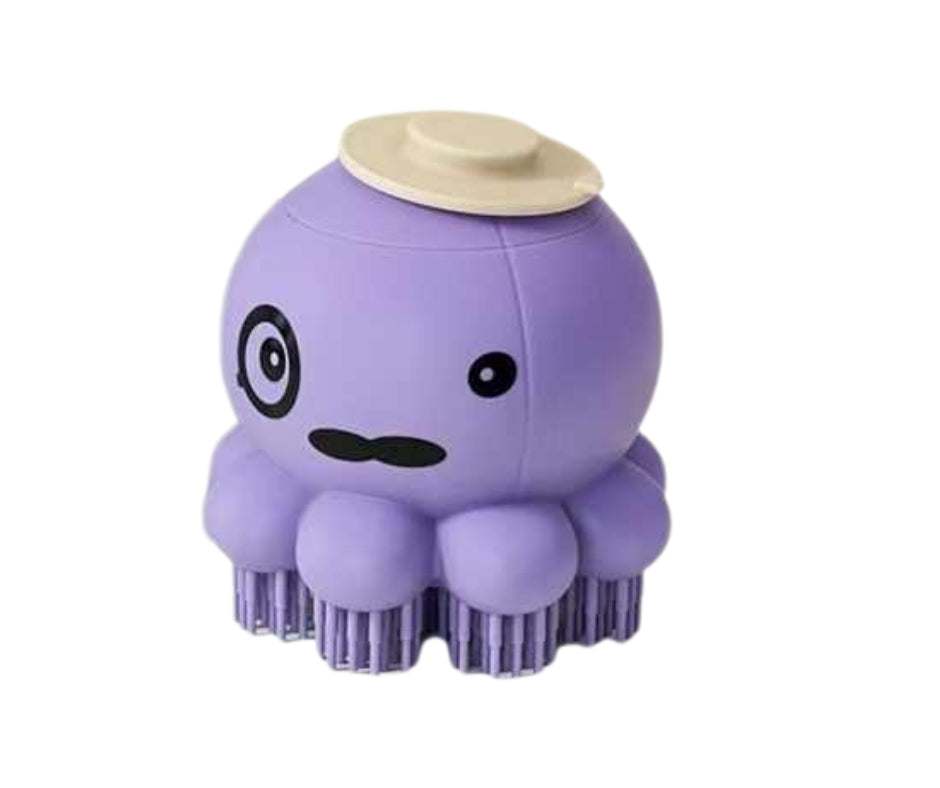 Purple octopus-shaped pet bath massager with soft rubber bristles for cats and dogs grooming