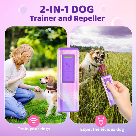 Ultrasonic dog trainer and repeller with flashlight, compact and rechargeable with anti-bark protection