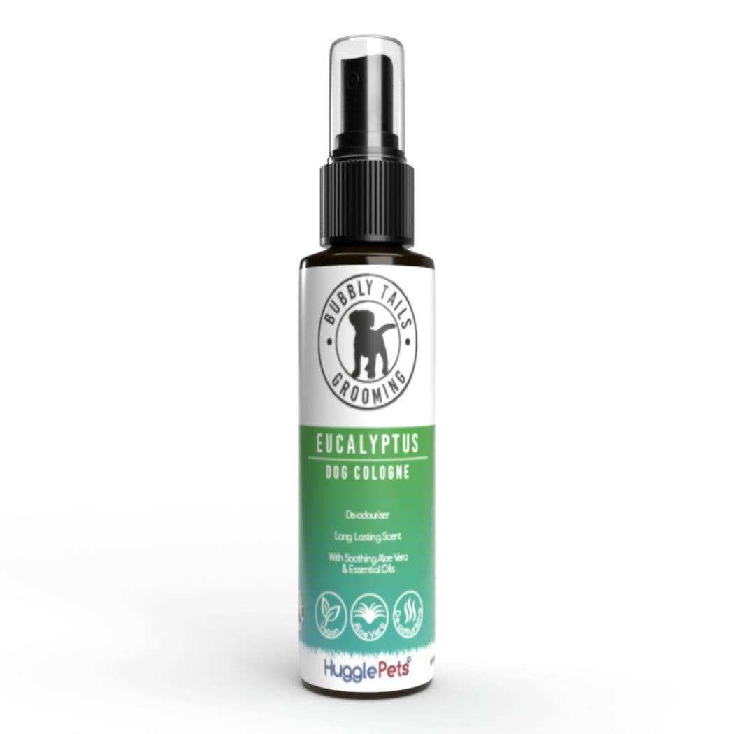 HugglePets Bubbly Tails Dog Cologne eucalyptus scent spray for fresh, odor-free dog coat with aloe vera.
