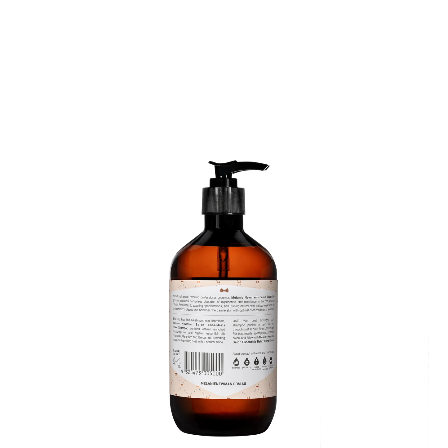 Amber bottle of Melanie Newman Relax Dog Shampoo with pump dispenser and label showing product details and usage instructions