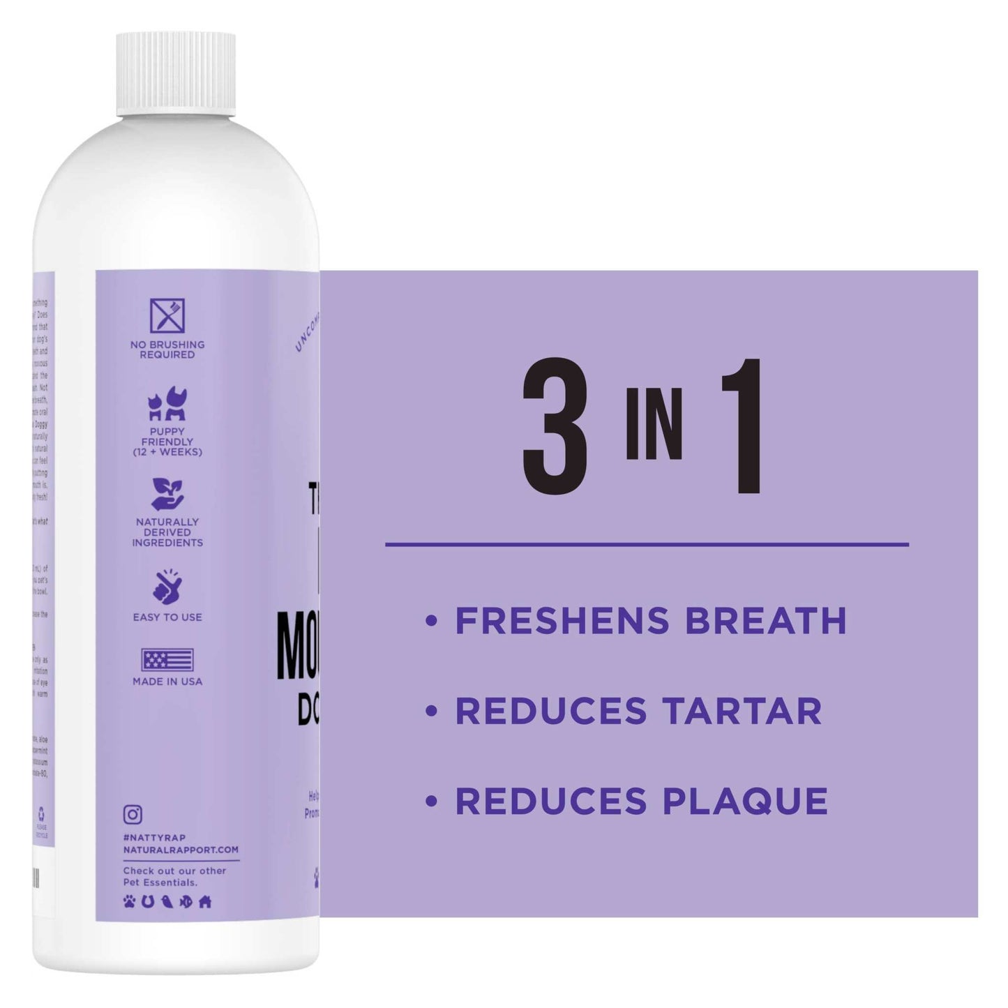 Natural Rapport Doggy Mouthwash Dogs bottle with 3-in-1 benefits for fresh breath, tartar, and plaque reduction