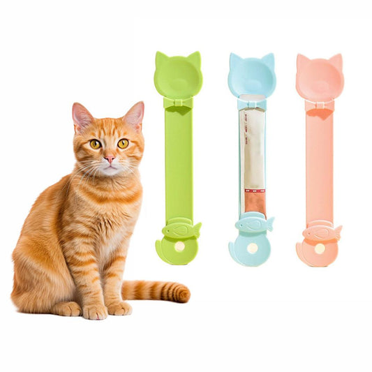 Cat Strip Spoon Feeder in bright colors with fixed ring buckle and no sharp edges for safe, mess-free cat treat feeding