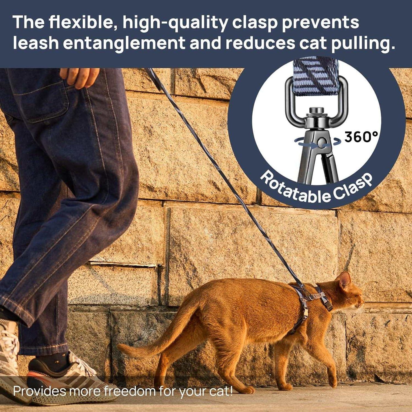 Cat harness and leash set with 360-degree rotatable clasp preventing leash entanglement and pulling during outdoor walks