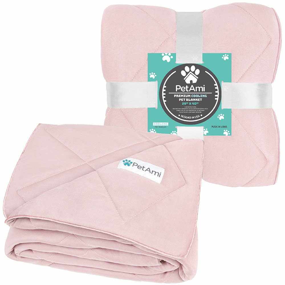 pink cooling pet dog blanket with PetAmi label and packaging band