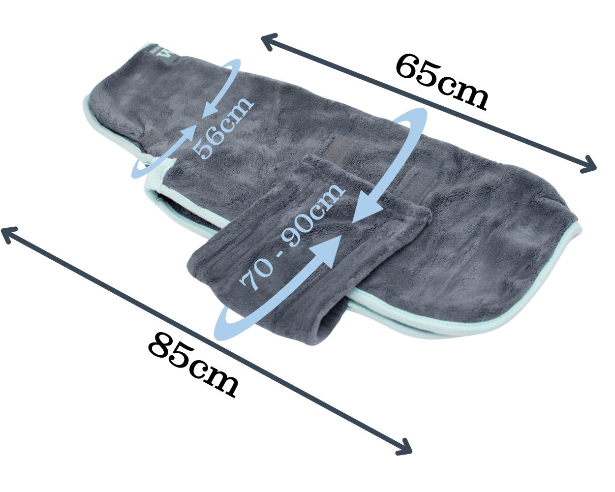Henry Wag Dog Drying Coat with dimensions 85cm x 65cm, size guide, and strap details.