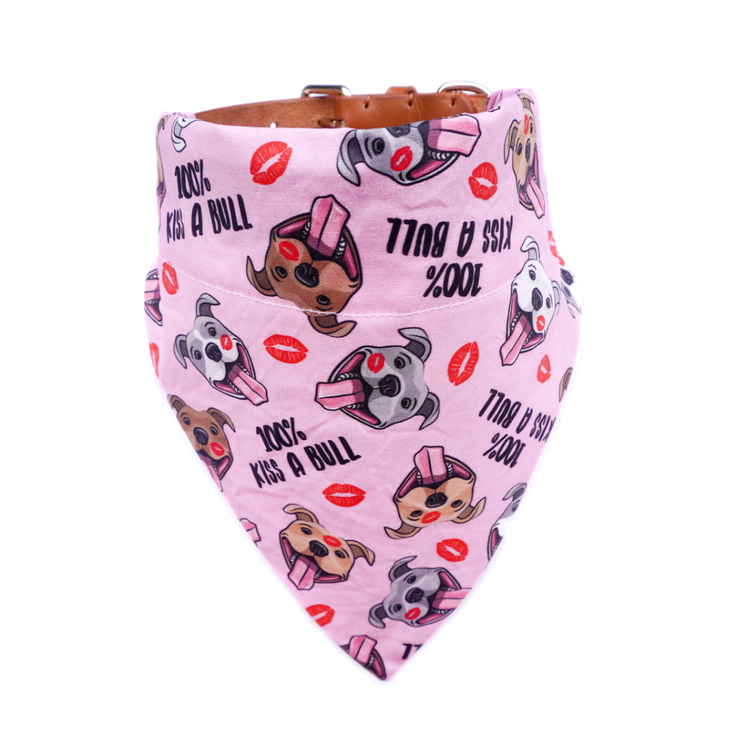 Pink dog bandana with 100% Kiss-A-Bull print, soft cotton, easy collar loop design