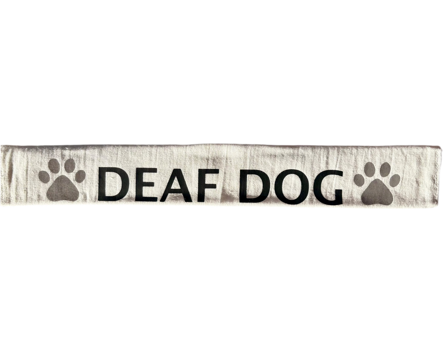 Lead slip for dogs with "DEAF DOG" text and paw prints, cotton material with Velcro attachment for training and safety.
