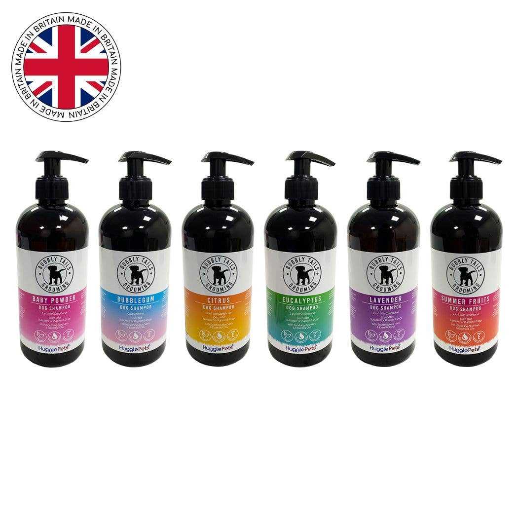 HugglePets Bubbly Tails Dog Shampoo bottles in six scents including bubblegum and lavender for fresh, shiny dog coat care