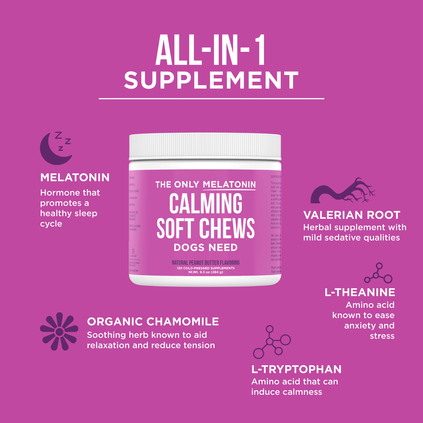 Melatonin calming soft chews for dogs with valerian root, chamomile, L-theanine, and L-tryptophan for natural anxiety relief and relaxation