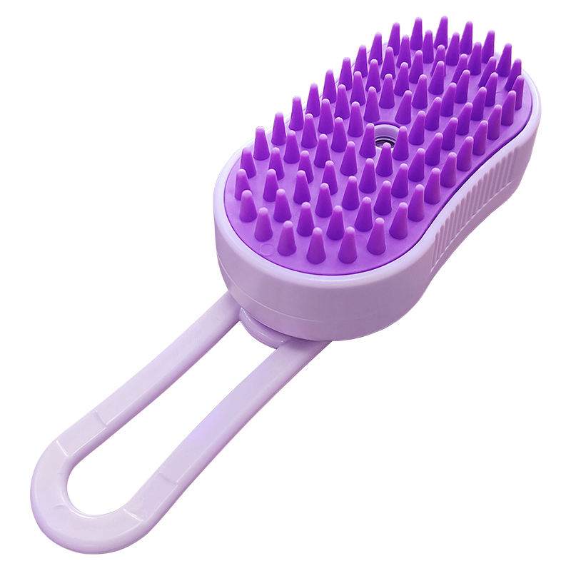 Purple Steam Pet Brush grooming tool with soft bristles and ergonomic handle for dogs and cats