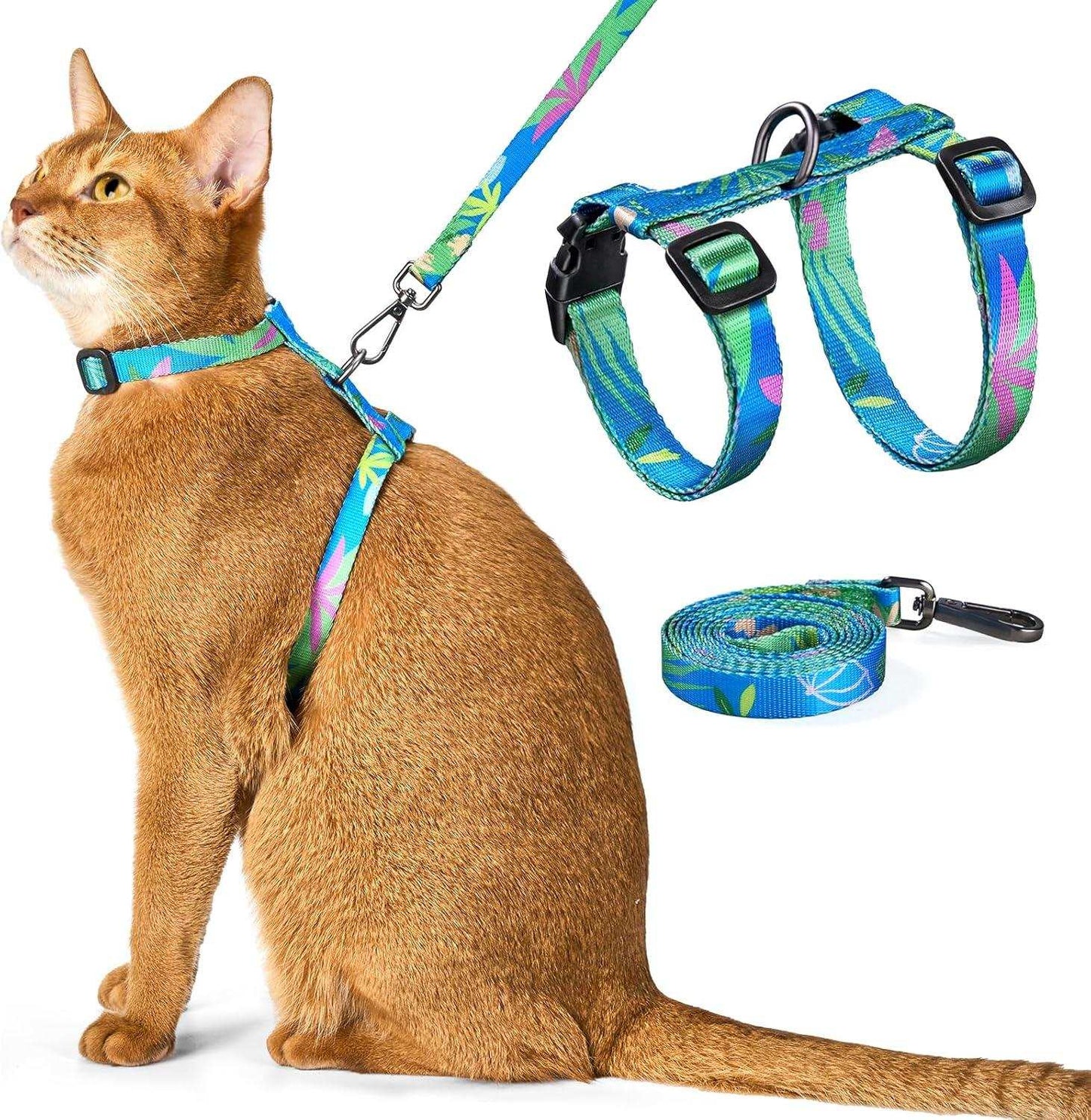 Cat wearing blue floral adjustable harness and leash set with 360-degree swivel clasp for outdoor safety and comfort