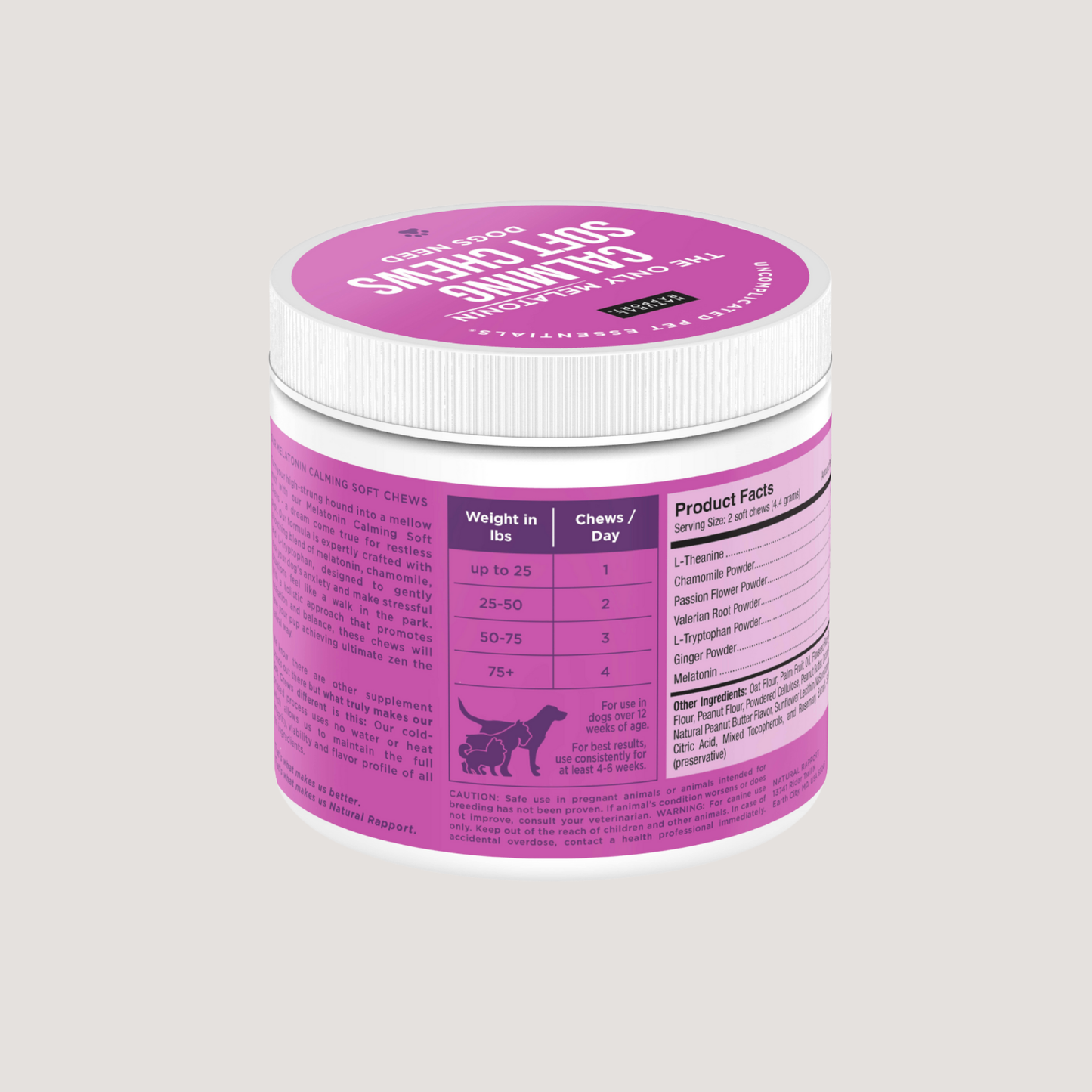 Natural Rapport Melatonin Calming Soft Chews for Dogs jar with dosage and product facts label