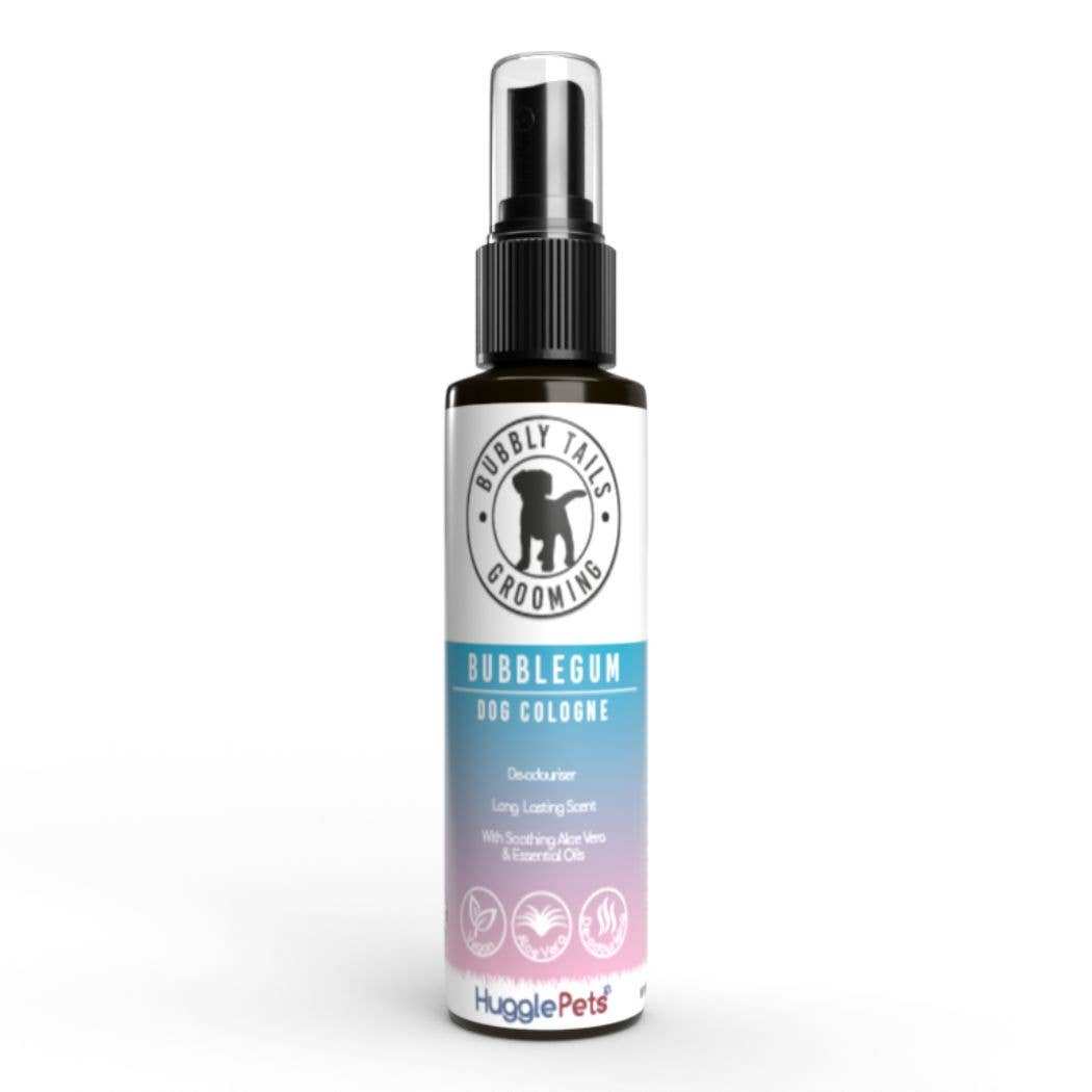 HugglePets Bubbly Tails Dog Cologne Bubblegum scent with aloe vera, odour-destroying, paraben-free, 250ml spray bottle