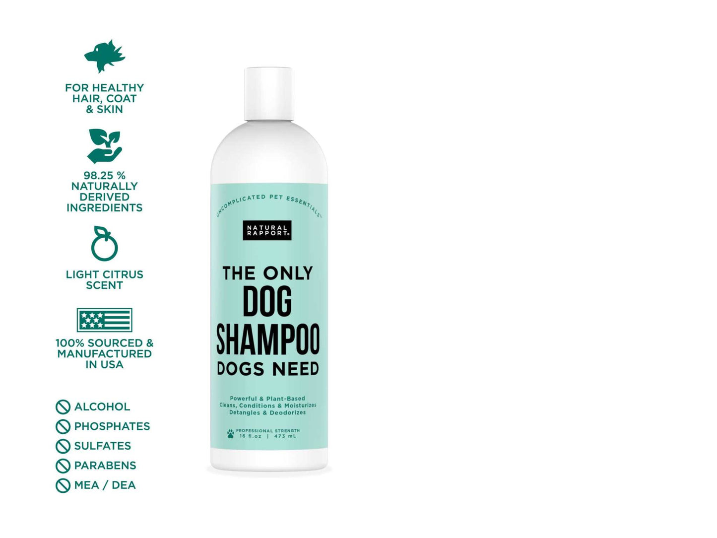 Natural Rapport Dog Shampoo Dogs with 5-in-1 formula for healthy coat, natural ingredients, light citrus scent, and chemical-free grooming