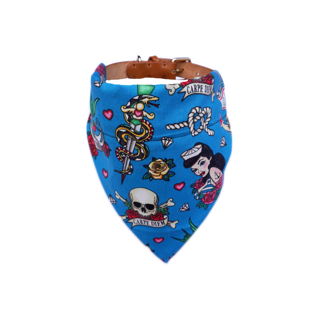 Blue Carpe Diem dog bandana with vibrant tattoo-inspired print on 100% cotton fabric, designed to slip over collar easily