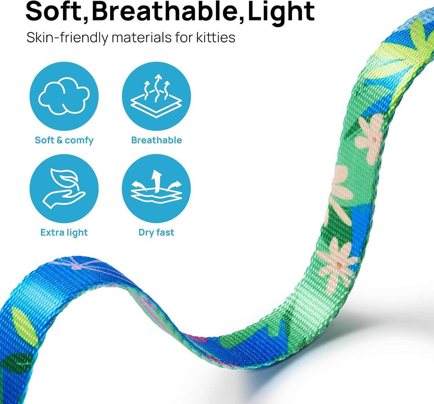 Colorful breathable and lightweight cat harness and leash set with floral pattern and comfort features