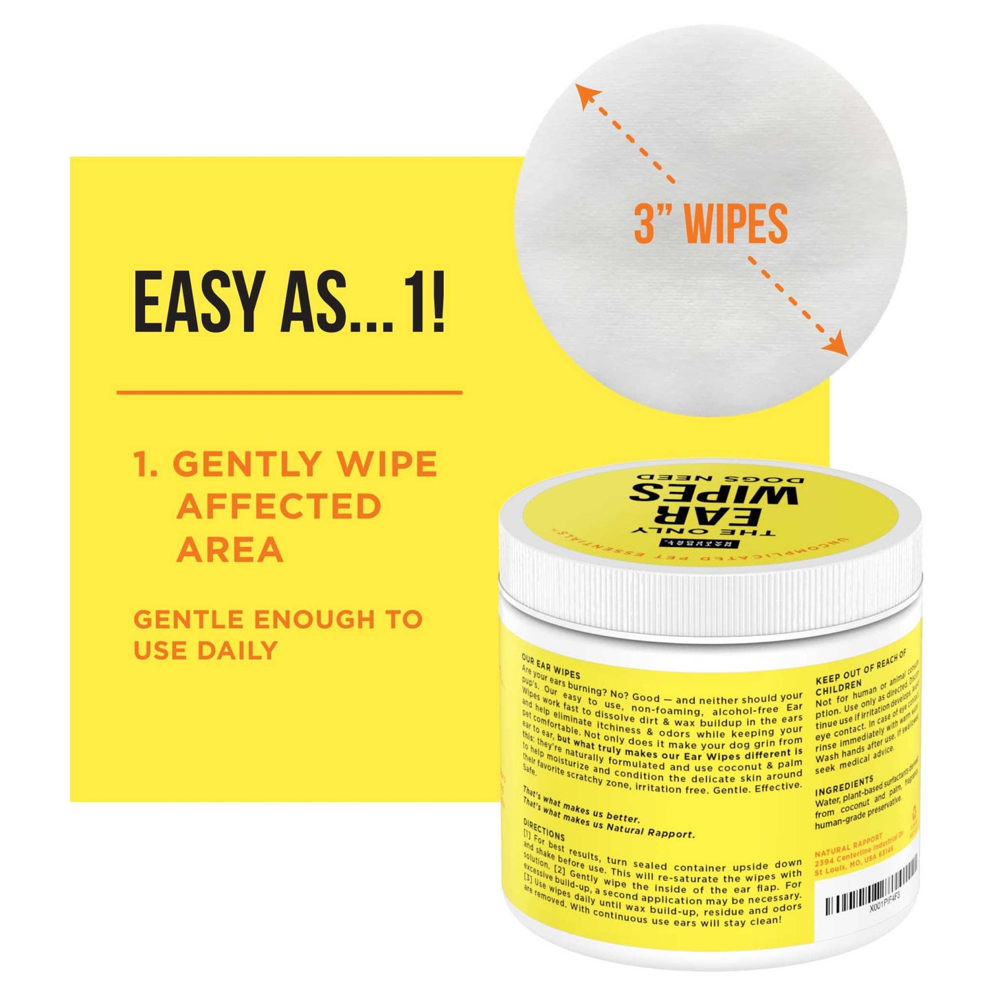 Natural Rapport dog ear wipes container with 3-inch gentle wipes for cleaning and preventing ear infections in dogs