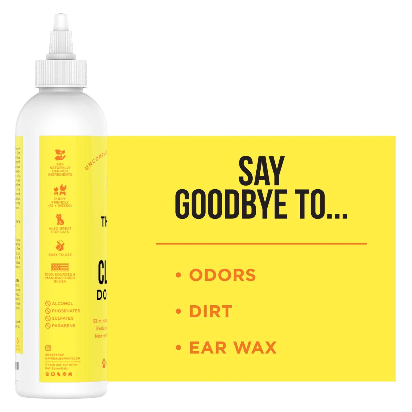 Natural Rapport Ear Cleaner Dogs solution bottle with yellow label, removes odors, dirt, and ear wax for safe and gentle ear care.