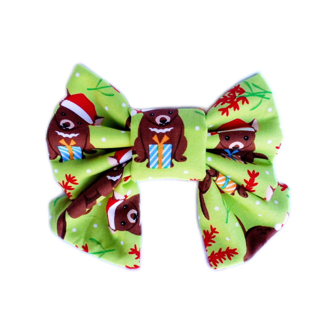 Dog Sailor Bow Tie - Santa Devils green festive pet bow tie with teddy bear and Christmas design, double-layered cotton accessory with elastic loops for collars
