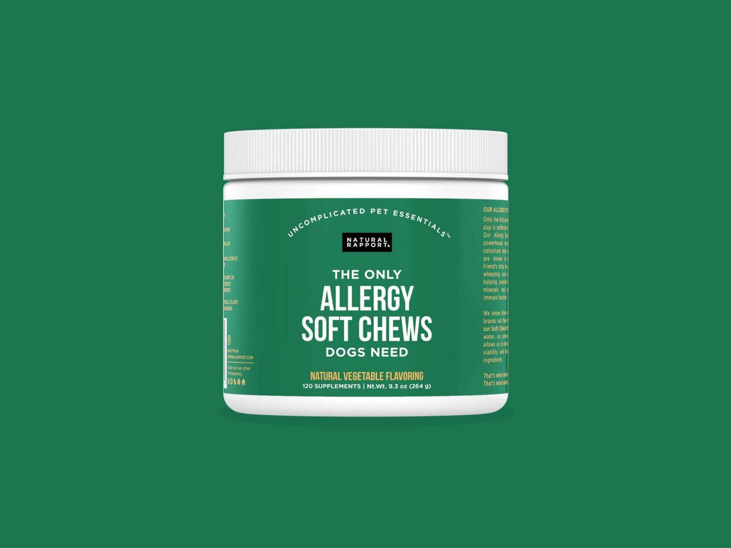 Container of Natural Rapport Allergy Soft Chews Dogs Need supplement on green background