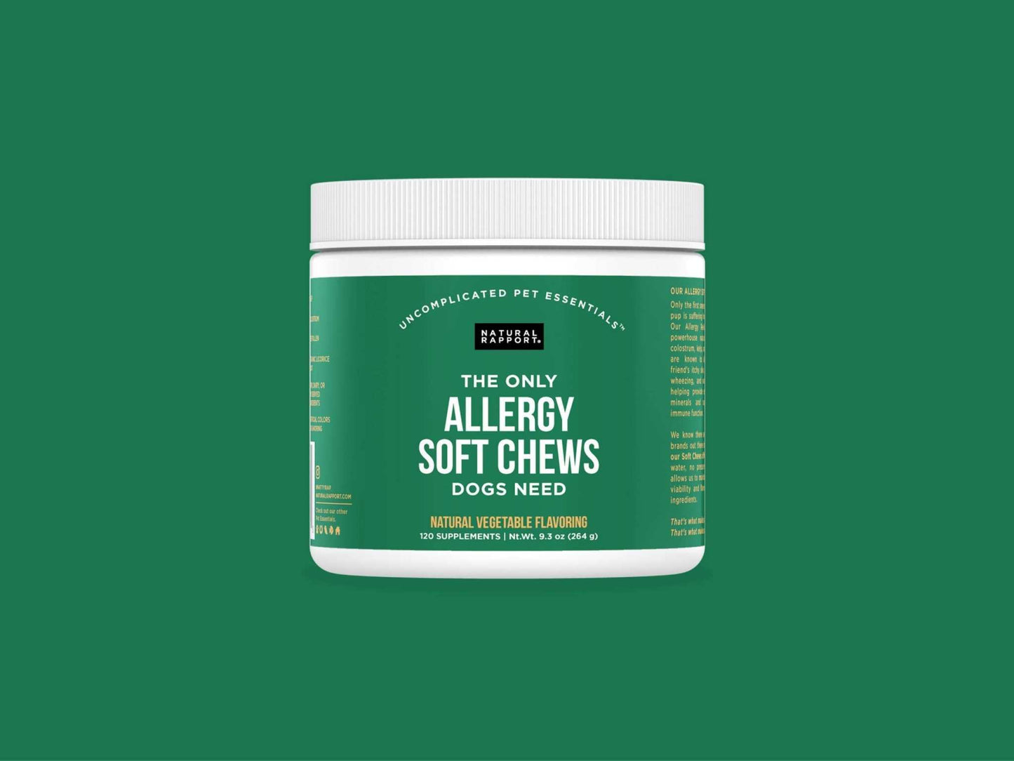 Natural Rapport Allergy Soft Chews for Dogs in green container on green background