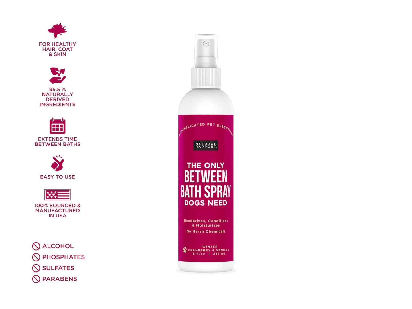 Natural Rapport cranberry vanilla bath spray for dogs odor elimination and coat conditioning