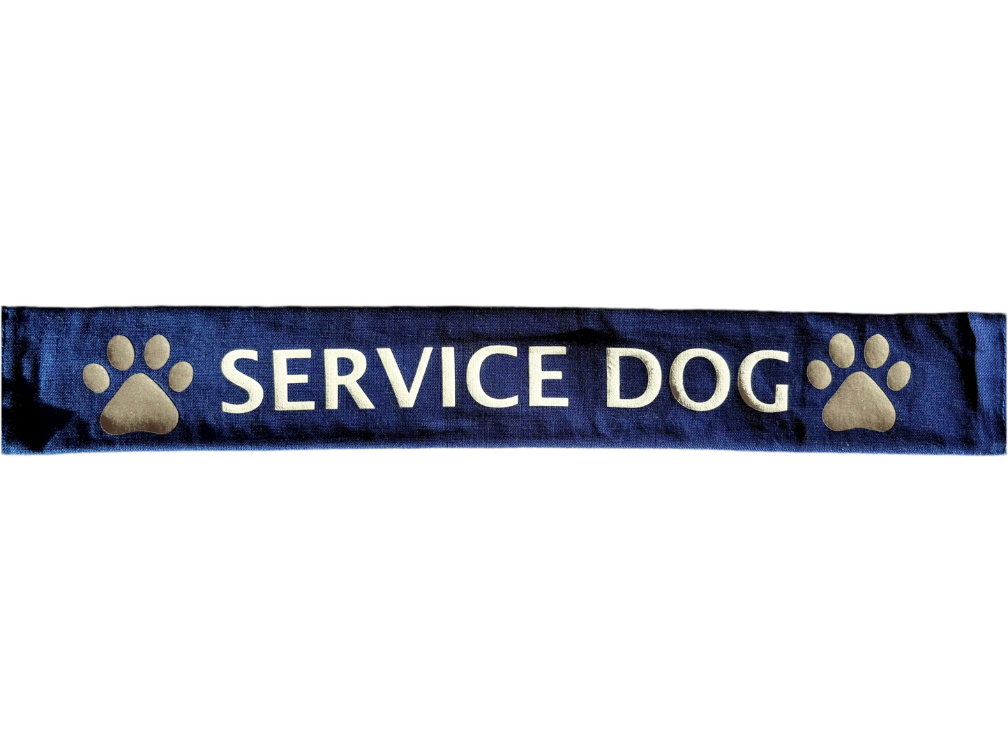 Blue service dog lead slip with reflective paw prints and bold white text for improved visibility and communication