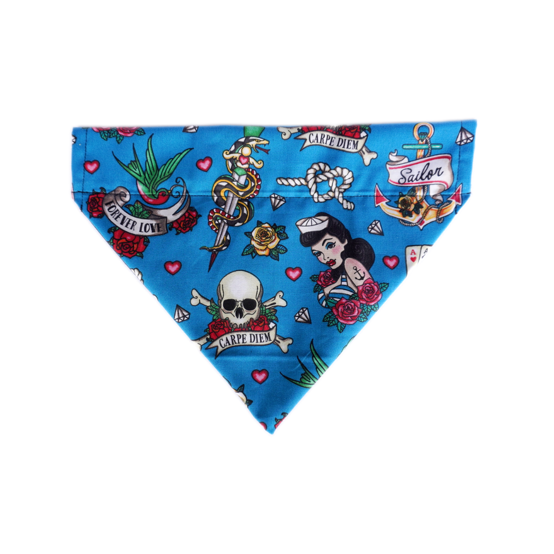 Blue Carpe Diem dog bandana with tattoo-style designs made of 100% cotton