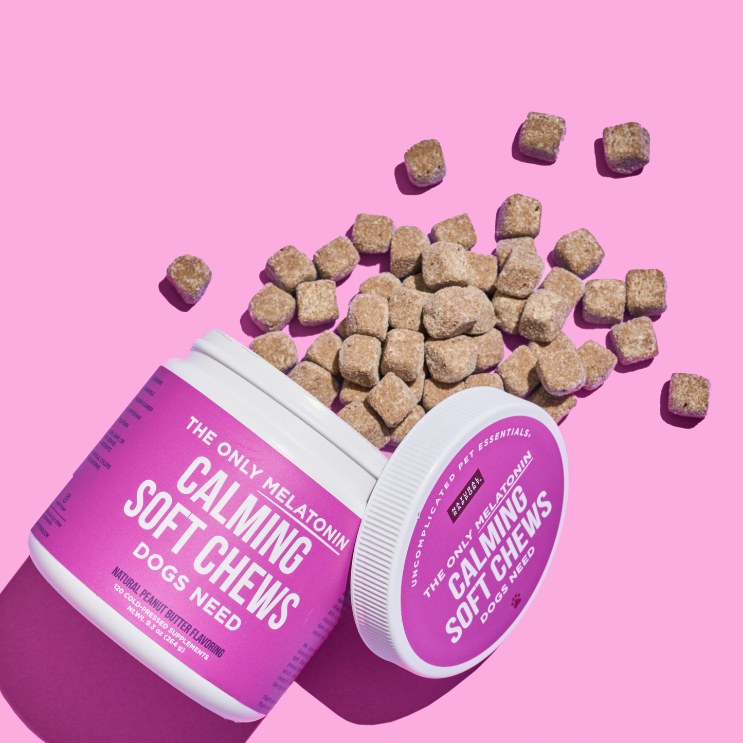 Natural Rapport Melatonin Calming Soft Chews for dogs in a white jar with purple label on pink background
