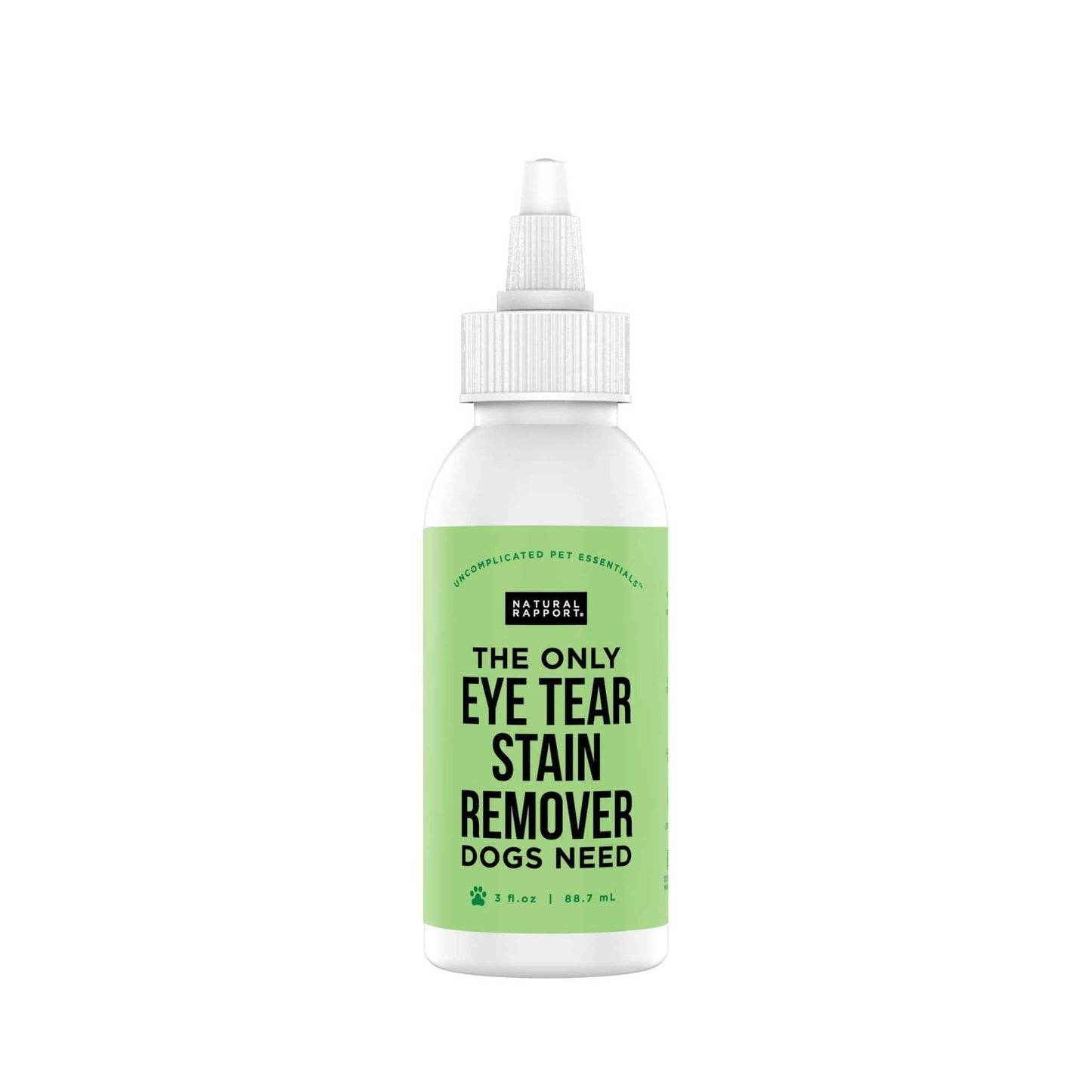 Natural Rapport gentle eye tear stain remover for dogs in a white and green bottle
